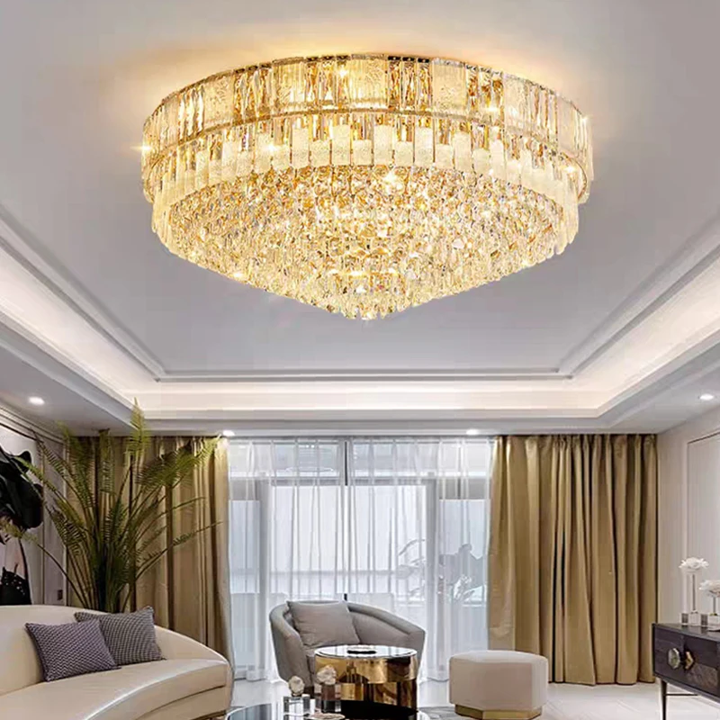 Luxury Crystal Silver LED Big Ceiling Lights for Dining Room Modern Home Decor New Ceiling Lamp Round Taper Lighting Lustres