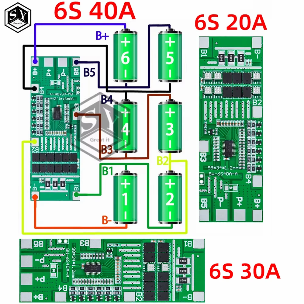 6S 20A/30A/40A 24V 25.2V 18650 Li-ion Battery Protection Board with Balance BMS PCB for Solar Lighting
