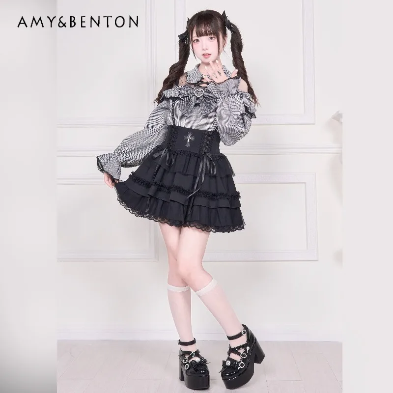 เสื้อเชิ้ตแขนยาวลายจุดสไตล์โลลิต้าญี่ปุ่น ซีรีส์ Mine สำหรับผู้หญิง ผลิตจำนวนมาก แนวซับคัลเจอร์ แต่งลูกไม้ ไหล่เฉียง ดีไซน์หวาน