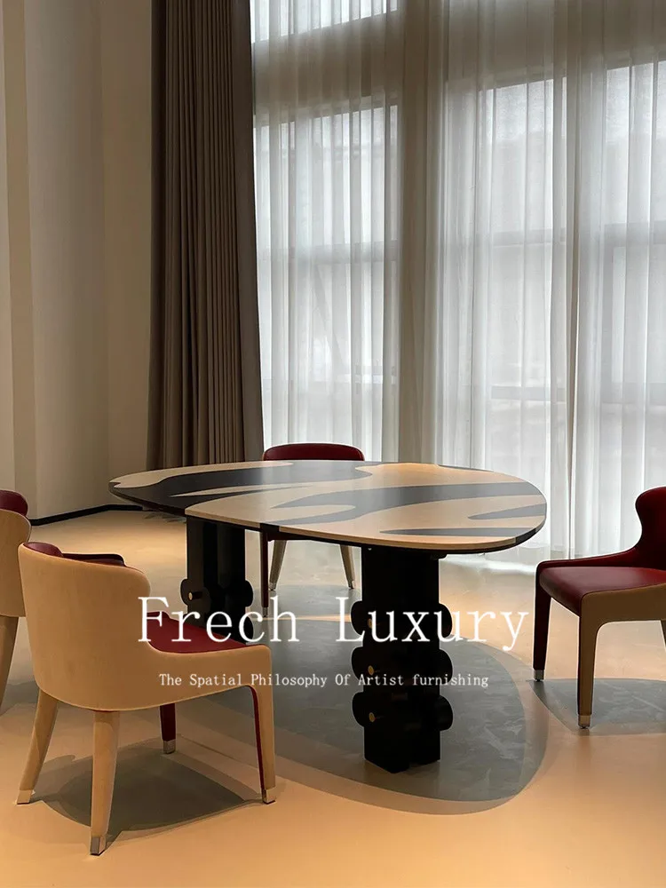 The medieval style designer model is hand-painted special-shaped irregular solid wood dining table, and the Italian minimalist