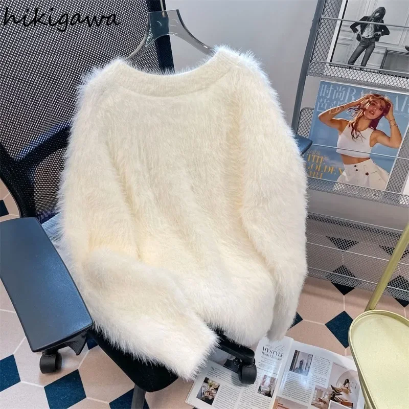 Pullovers Suit Fashion Korean Two Piece Sets 2024 Women Clothing V-neck Cat Cute Sweater Tuniv Vest Outfits Furry Soft Knit Set