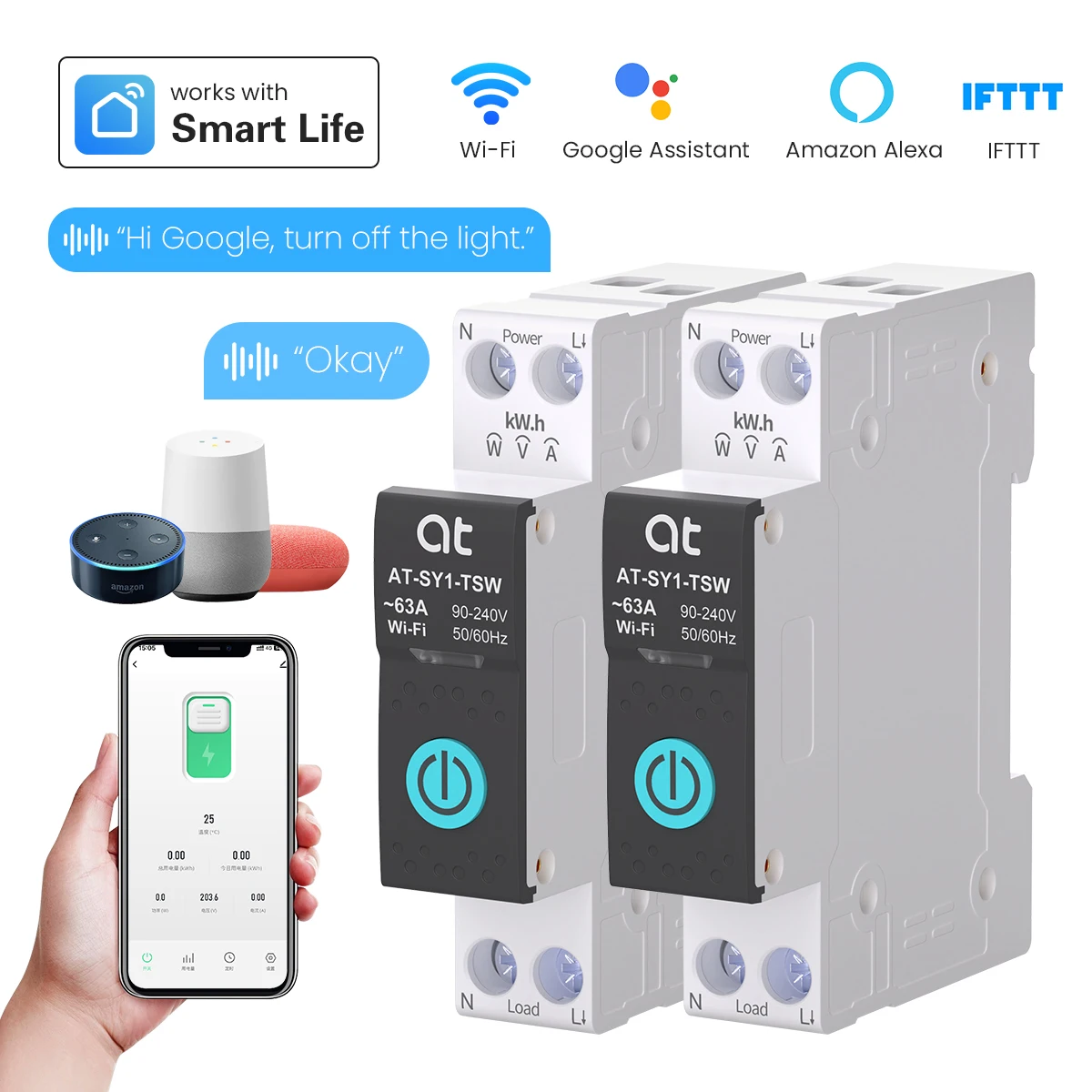 

Умный автоматический выключатель TUYA WIFI с измерением 1P 63A DIN-рейка для умного дома, беспроводной пульт дистанционного управления через приложение Smart life