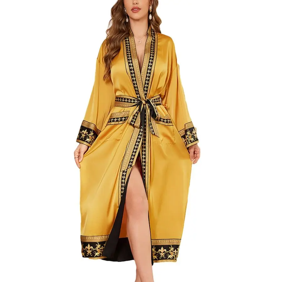 

Satin Robe for Women Long Kimono Robe Lightweight Floral Trim Bathrobe Luxury House Robes with Pockets