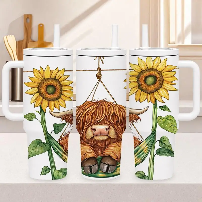 1pc 40Oz 304 Stainless Steel Hand-Held Cup Cute Highland Cow Sitting on Swing Between Sunflowers Pattern Insulated Tumbler with Handle And Straw for Home Kitchen Office Travel Outdoor Suitable Gifts for Halloween Christmas And Other Special Festival