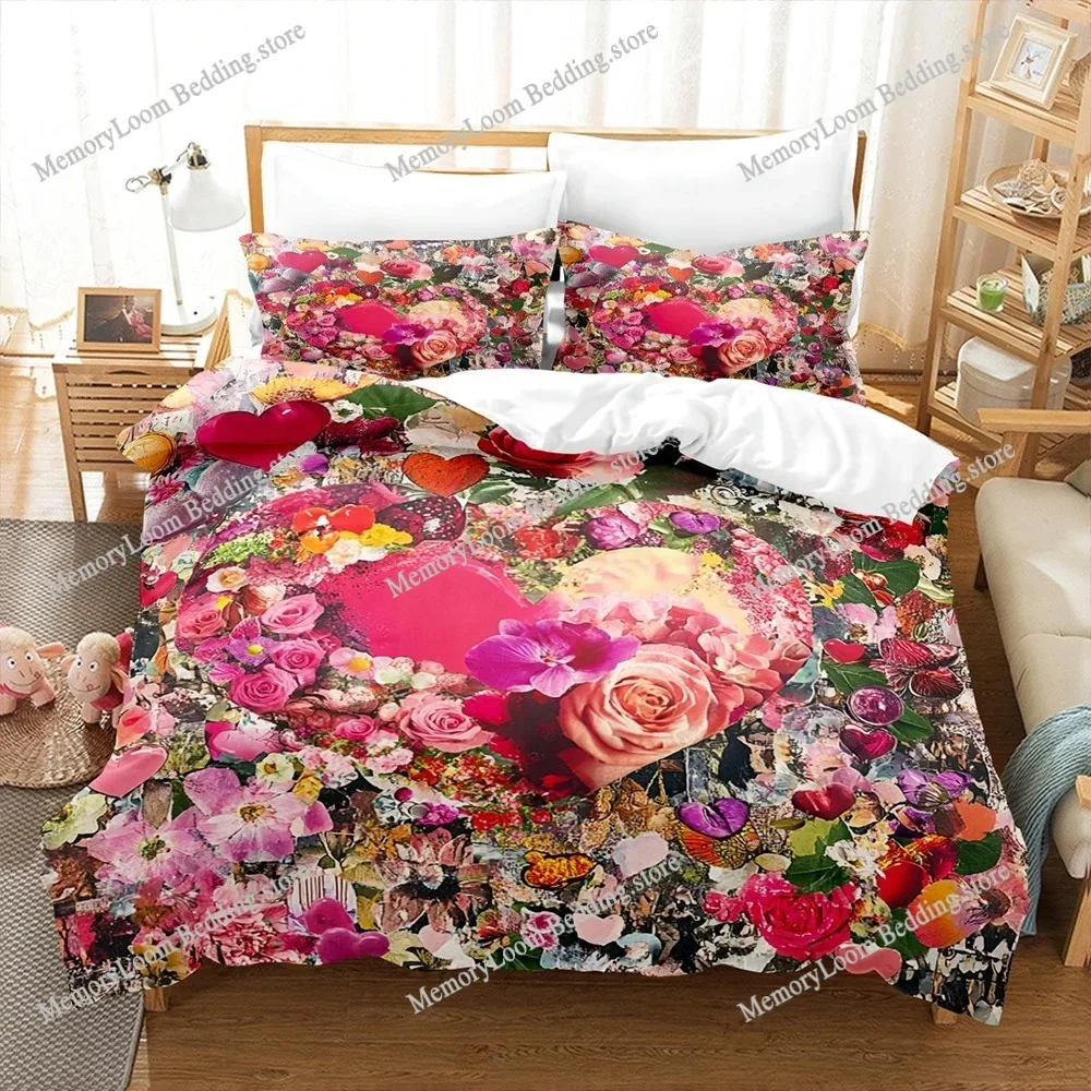 Love Heart and newspaper splicing Soft Bedding Set Single-Twin-Full-Queen-King Size Adult Kid Bedroom Breathable Duvet Cover2025