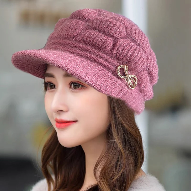 Winter Warm Hat Knitted Hat Casual Fashion Mom Cap Grandmother Hat Plush Thickened Fleece-Lined Warm Wool Christmas Gift