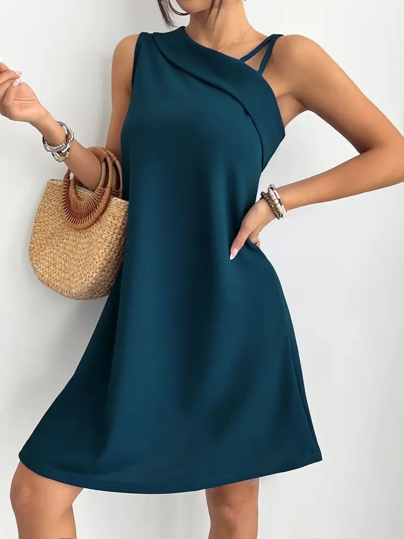 Asymmetrical Sleeveless Vest Dress Slant Shoulder Pleated Design Loose Straight Tube Temperament Short Skirt for Women