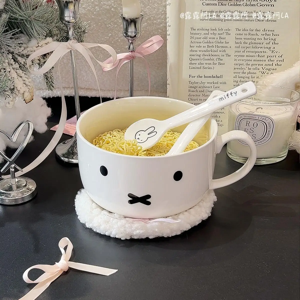 Nijntje Konijn Cartoon Instant Noedels Kom Grote Capaciteit Enkele Oor Cover Kom Gemakkelijk schoon te maken Keramische Rijstkom Verjaardagscadeau