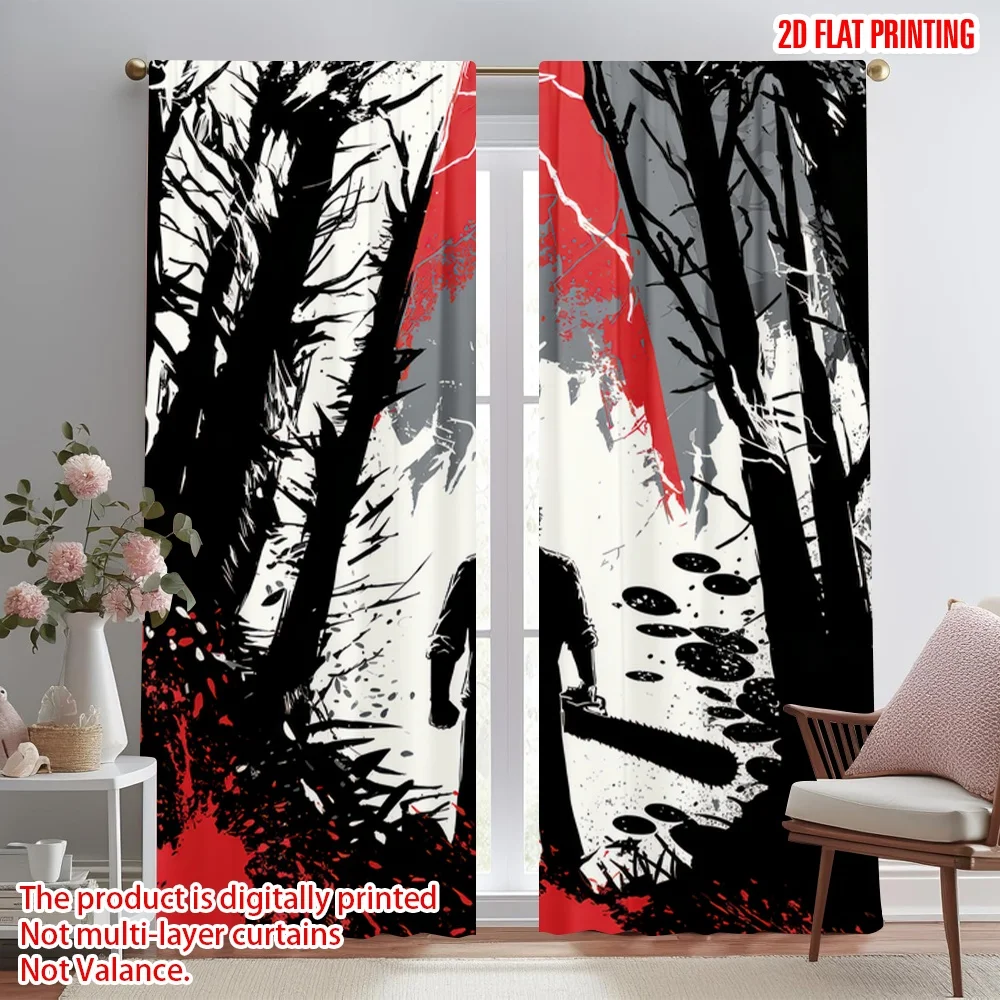 

2D flat printing 2pcs Window Curtains Silhouette in Dark Forest Digital Printed Polyester Drapes Family Party Decoration Use for