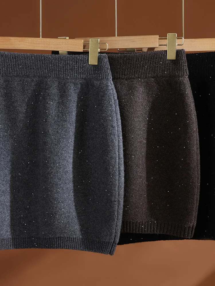 Gonna di lana da donna autunno inverno a vita alta addensare mini gonna con paillettes sottile sopra il ginocchio abito da donna da ufficio 100% lana merino lavorata a maglia