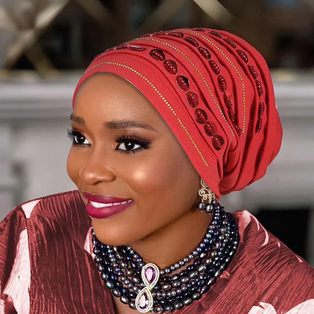 جديد الماس قبعة عمامة للنساء مسلم الحجاب بونيه الحجاب نيجيريا Geles قبعة الزفاف الأفريقية السيارات Gele Headties رئيس التفاف