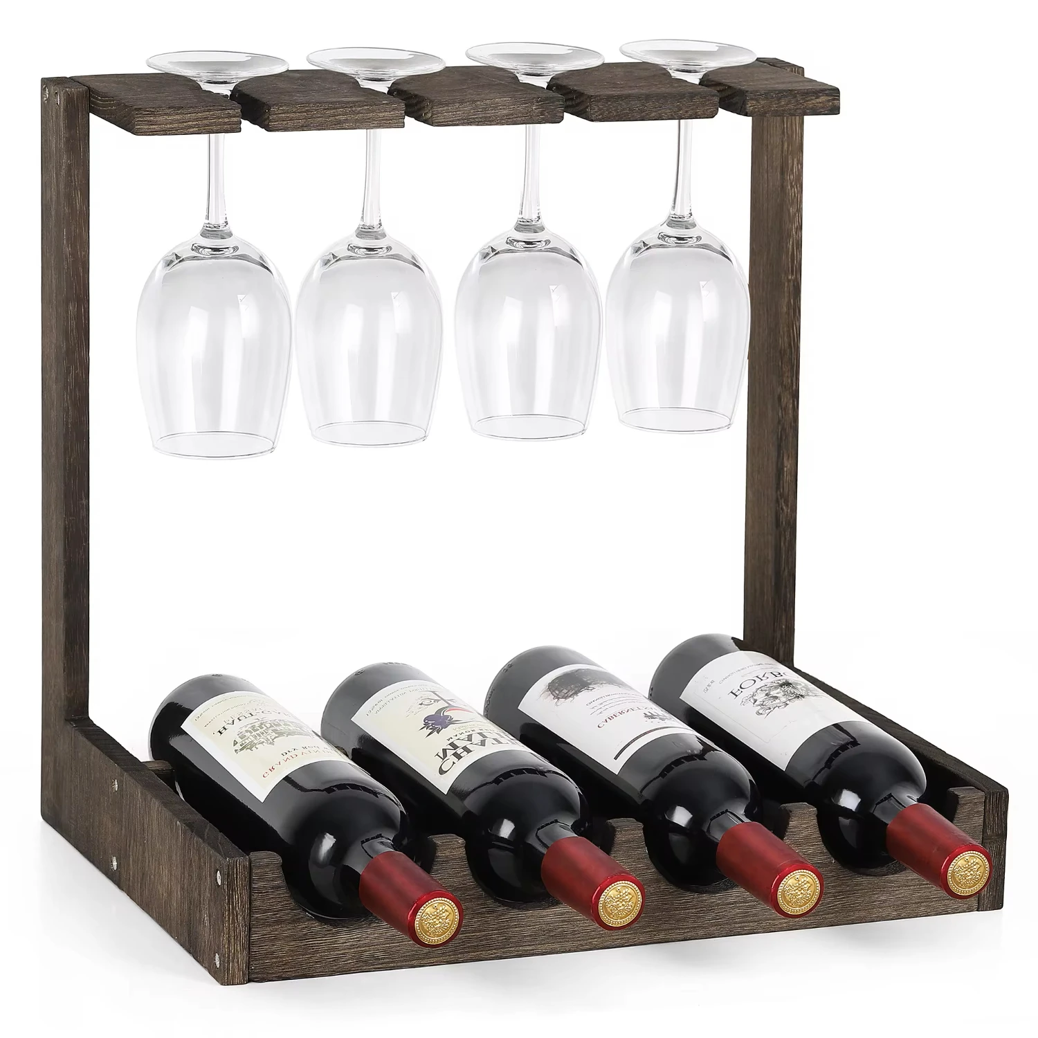 Wine Holder Display Shelf Wood Wine Rack Stand with Glass Holder   Brown