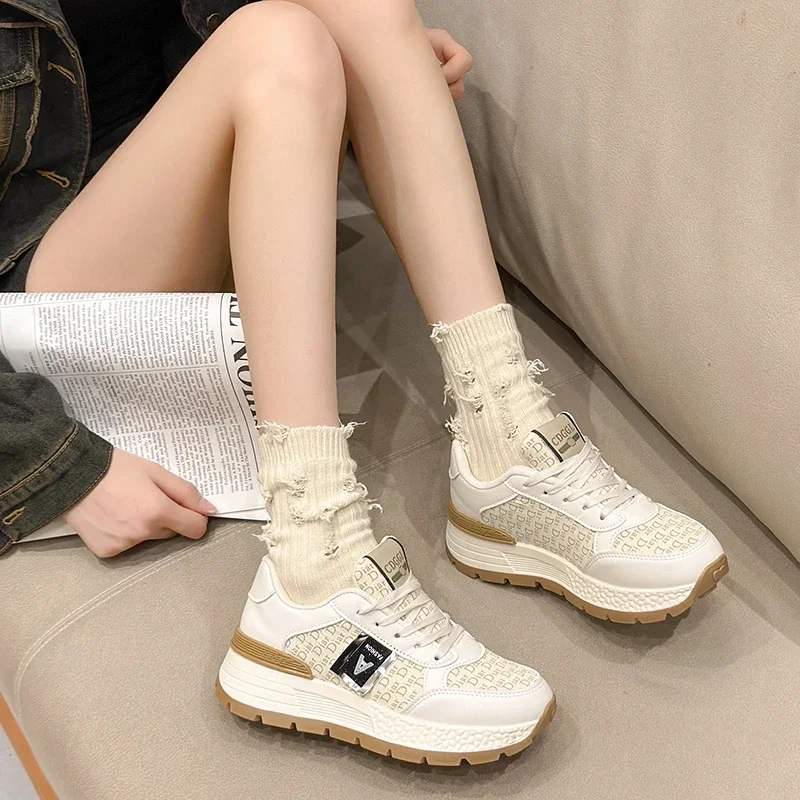 

White Spring Autumn Womens Chunky Sneakers Fashion Lace Jacquard Platform 2025 New Casual Dad Shoes Ladies Walking Sport Tennis