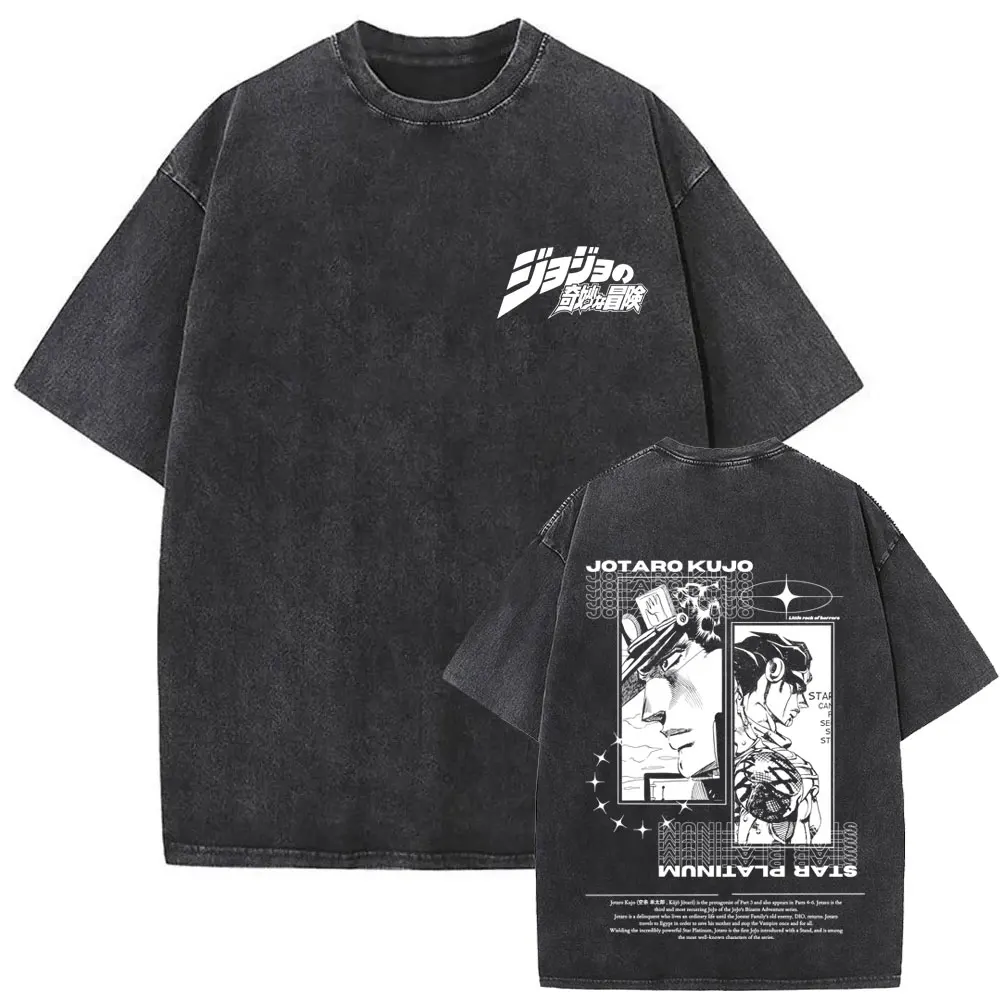 Anime JoJo Bizarre Adventure Higashikata Josuke Graphic Washed Vintage T-shirt Men Women Manga Casual Cotton T Shirts Streetwear