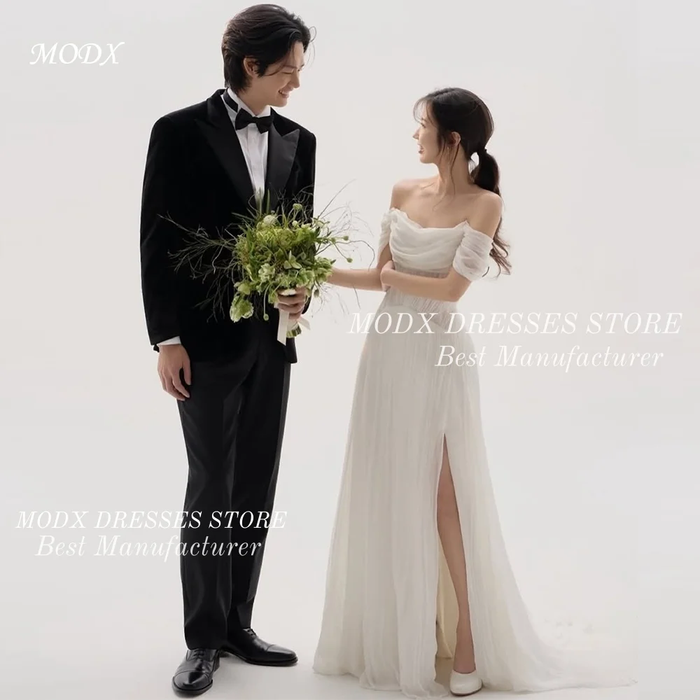

MODX Simple Strapless High Slit A-Line Korean Wedding Dress Tulle Bridal Gown for Photo shoots Customized Vestidos Novias Boda