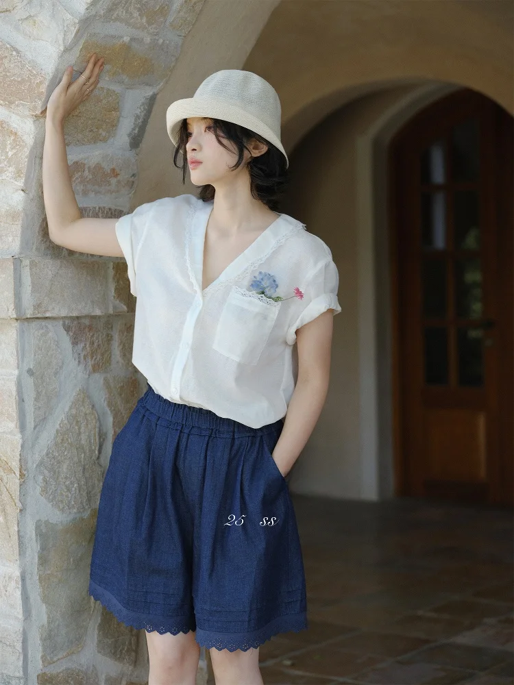 

Простая льняная хлопковая рубашка с кружевным воротником, узором в виде мелких волн, белого цвета, в стиле французского стиля, свободного кроя, женская.