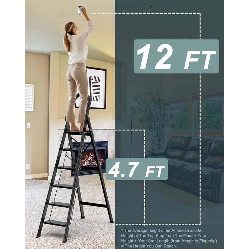 6 Step Ladder, Folding Step Stool, with Anti Slip Wide and Sturdy Steps, Lightweight Aluminum Ladder (300 lbs Capacity)