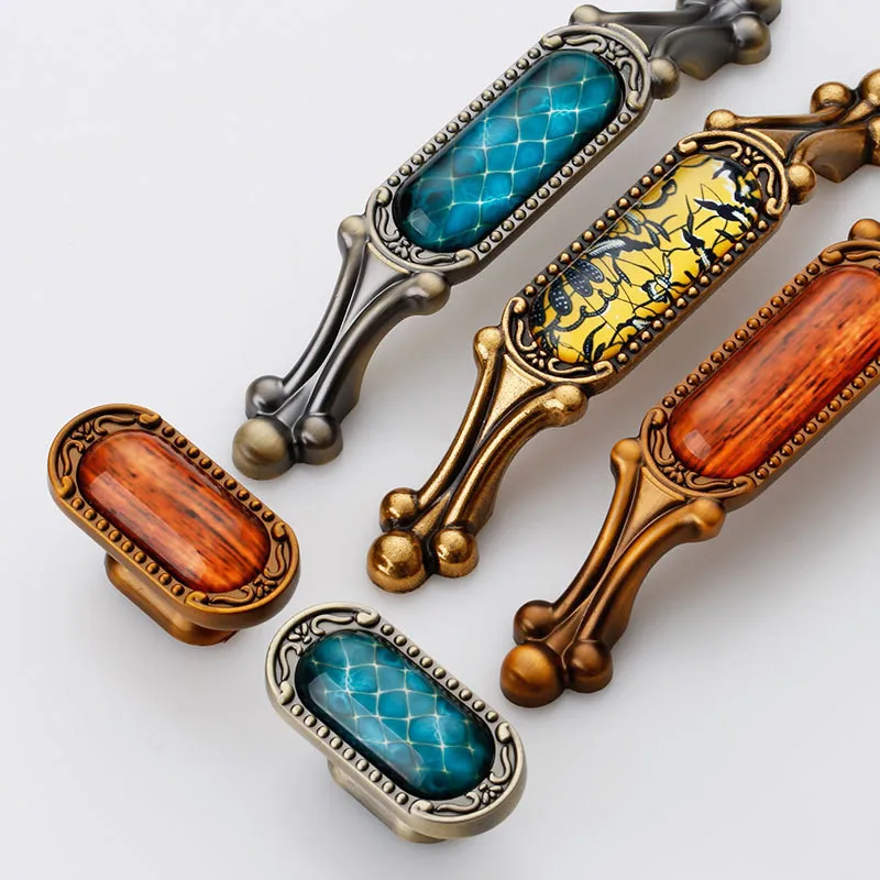 KK&FING European Classical Crystal Zinc Alloy Cabinet Handles Drawer Knobs Vintage Wood Grain Cupboard Wardrobe Door Handle