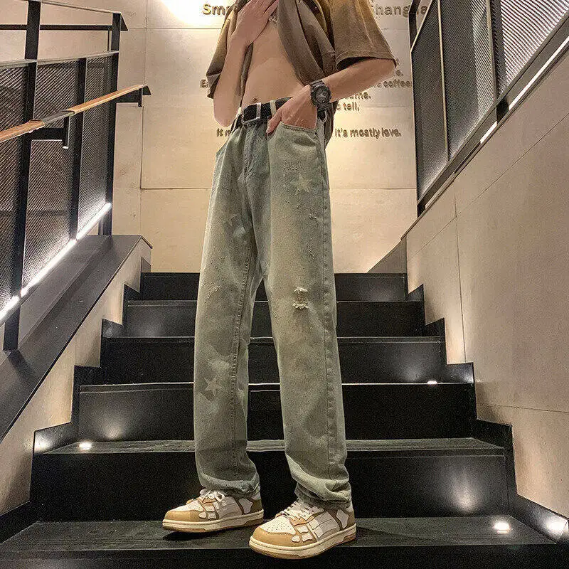 

Straight Leg Plus Size Jeans men Vintage Wash Distressed Ripped Star Print Fashion Casual High Quality Trousers Men Retro Style