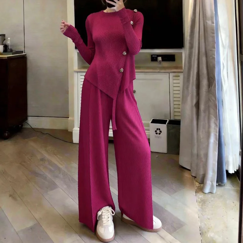 

Miyake Pleated 2026 New Spring and Summer Pleated Wrap Two-piece Set Open Comfortable Top Fashion Straight Pants Pit Stripe Set