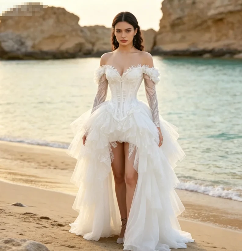 Whimsigoth Black Gothic Wedding Dress 2026 Off Shoulder Lace Corset High Low Tulle Bridal Gown Long Sleeve Tiered Ruffle Beach