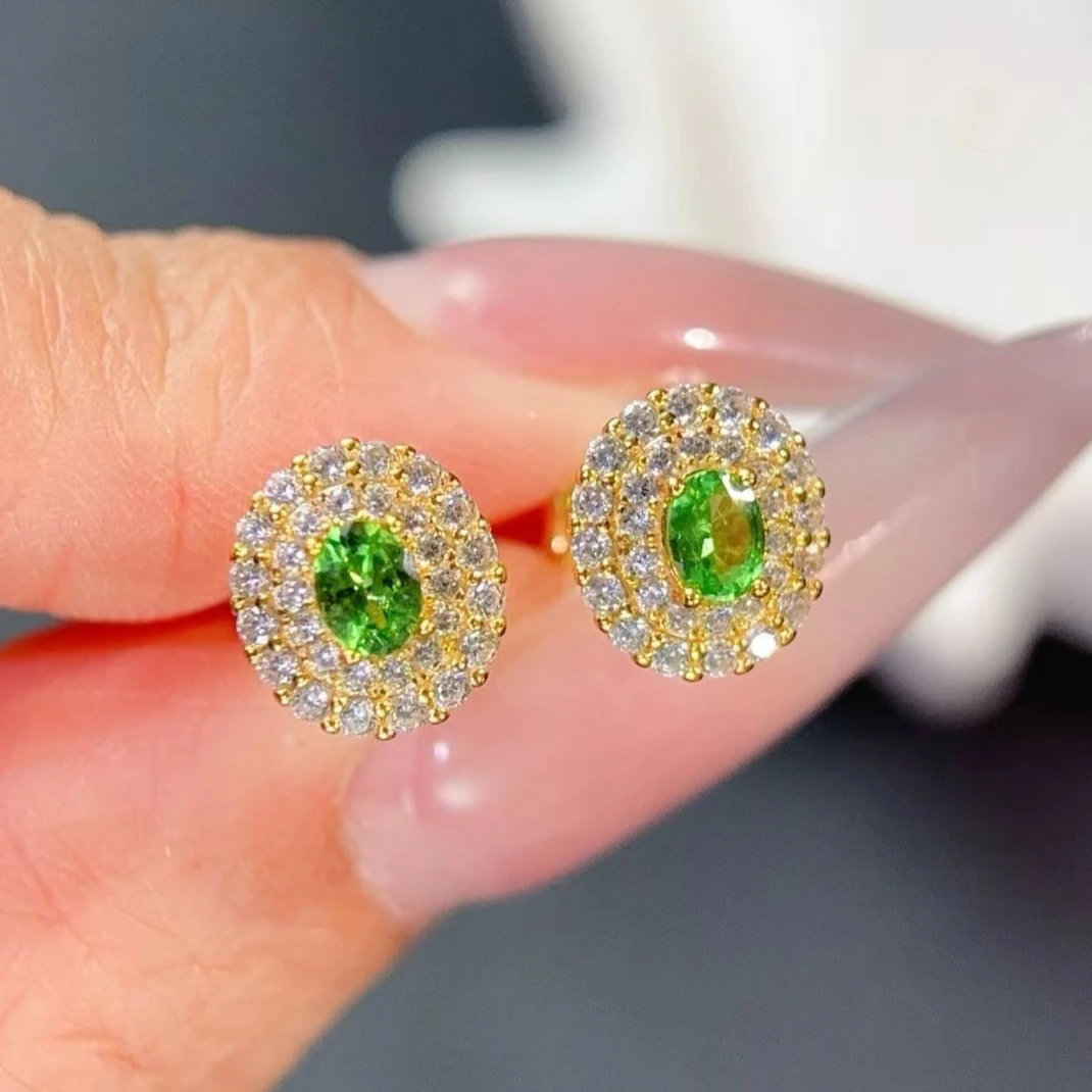 

925 Sterling Silver Natural Tsavorite Stud Earrings Gold Plated Oval Double Halo Certified Gemstone Earrings for Women