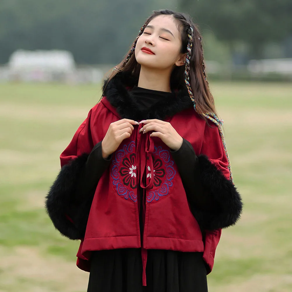 New Chinese Vintage Embroidery Shawl Hooded Lace-Up Creative Short Coat Women's Autumn Winter Loose Cape With Artificial Fur