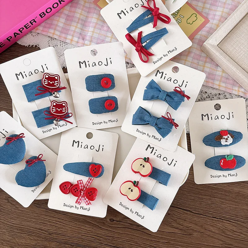 

Korean Style Hair Clips 2pcs Denim Bow BB Clips with Heart Buttons Cute Side Bangs Barrettes for Girls Fashion Hair Accessories