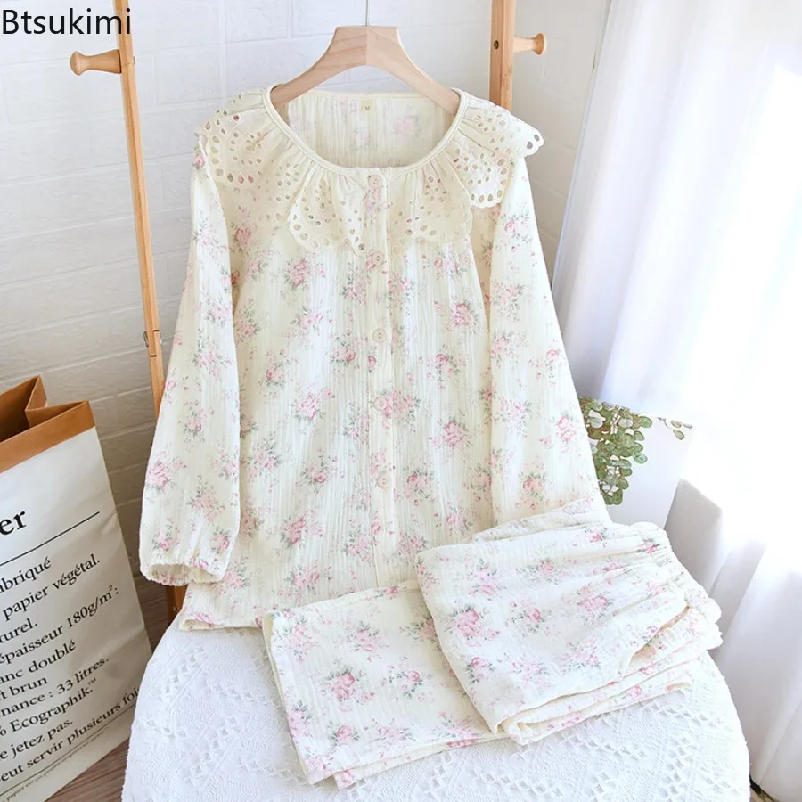 2025 Women's Pajamas Crepe Hollow Lace Round Neck Pajama Set for Women Cotton Cardigan Long Sleeved Pants with Pockets Home Wear