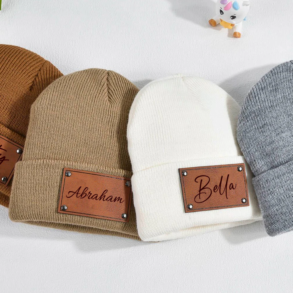 Personalized Engraved Leather Winter Beanie Hat Baby Beanie with Name Custom Youth Child Gift Knitted Hat Gift Adults BeaniesHat