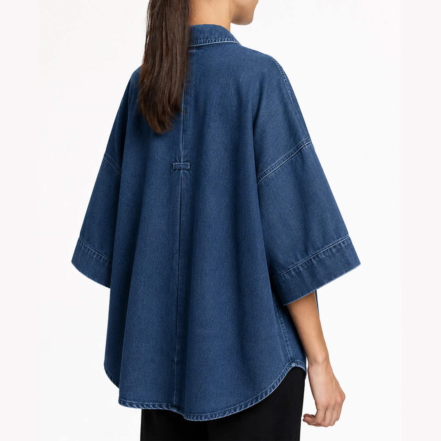 CH Letter Embroidered Solid Color Denim Three Quarter Sleeve Shirt Women Point Collar Oversized Fit Cool Edgy Style Casual Tops view 2