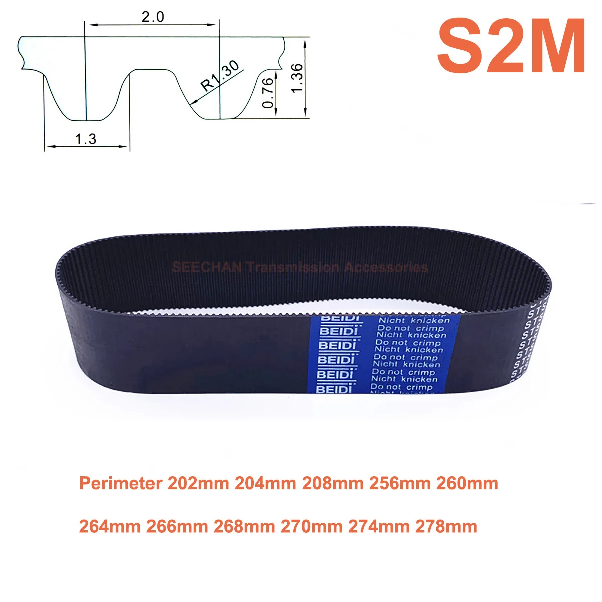 

1Pcs S2M Timing Belt 202 204 208 256 260 264 266 268 270 274 278mm Width 6mm 10mm STS S2M Closed-loop Synchronous Rubber Belts