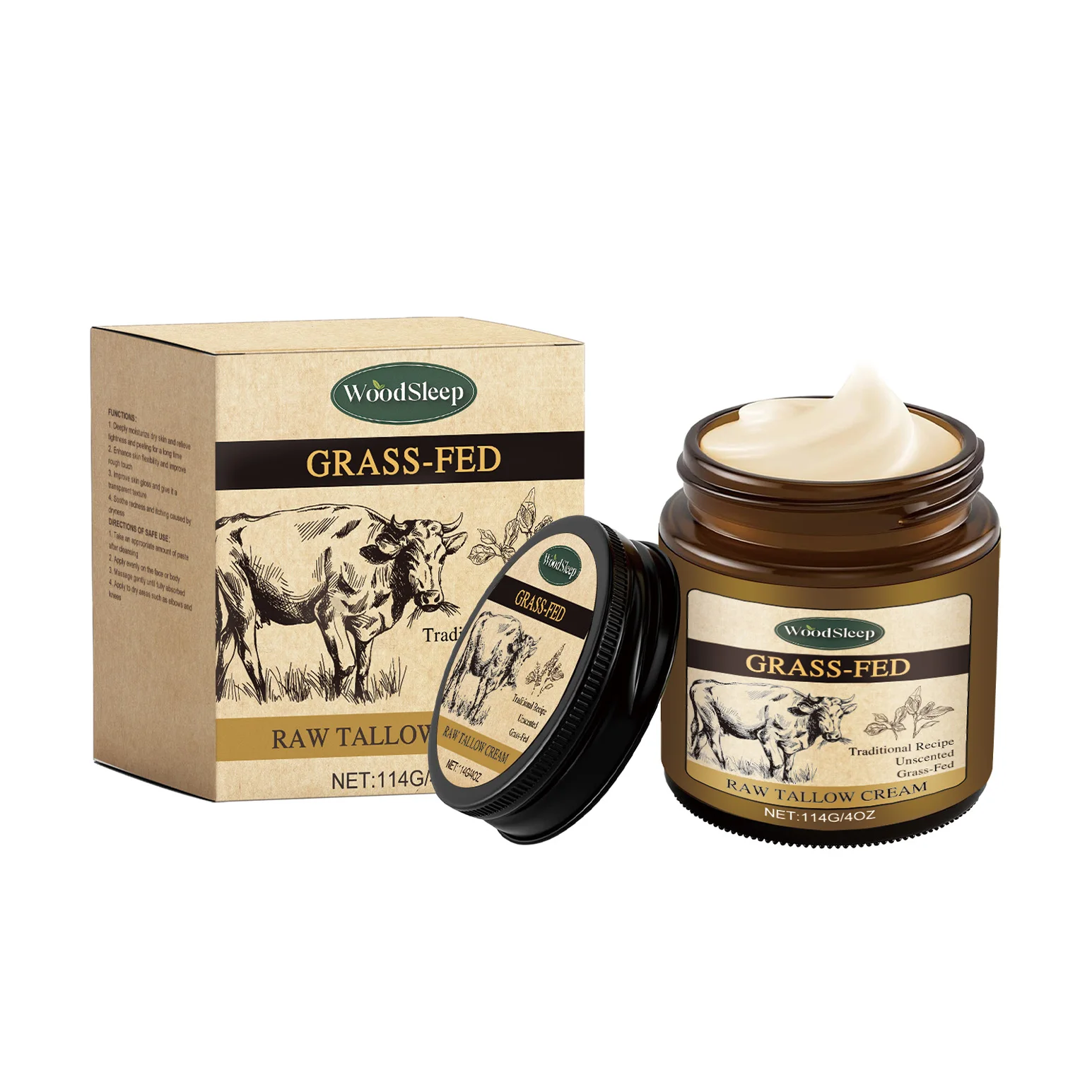 Woodsleep Grass Fed Beef Tallow Honey Balm Smooth Skin Barrier Repair Care Deep Hydration Jojoba Oil Beef Tallow Face Cream 114g