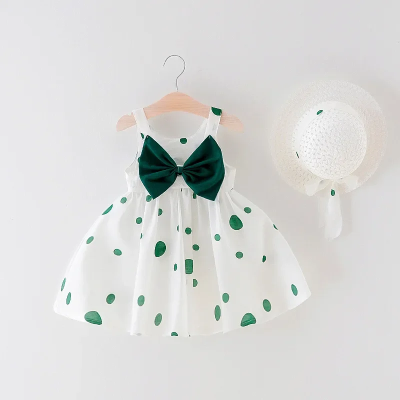 Summer 2/piece set baby girl dress hat girl sleeveless large bow dot printed princess dress children's dress