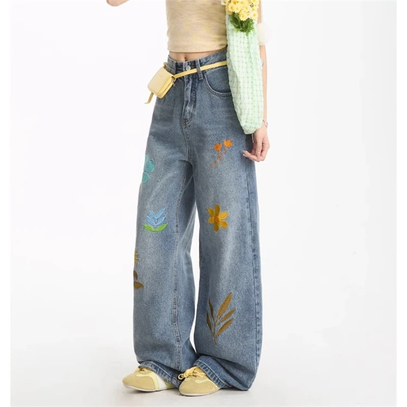 

Women's Flower Petal Embroidery Pattern Blue Jeans Cool Girl Bottoms Casual Trousers Female High Waist Wide Leg Denim Pants