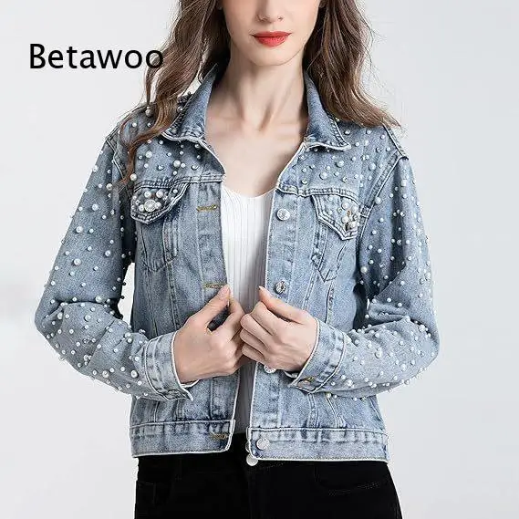 Women's Rhinestone Studded Denim Jacket with Long Sleeves and Relaxed Fit, Light Blue Casual Jean Coat for Spring Autumn
