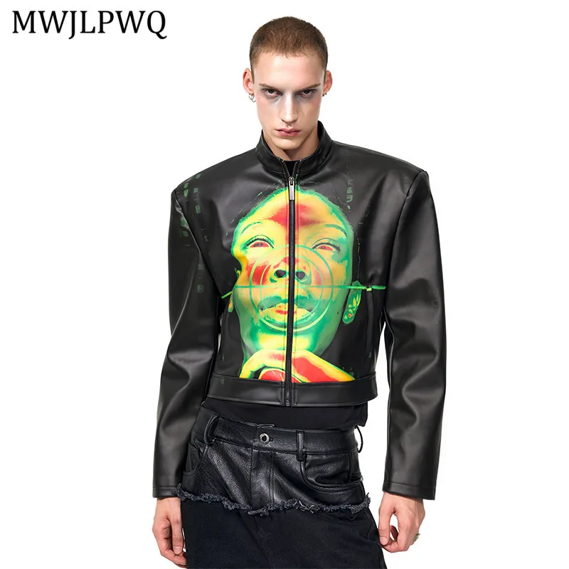 

MWJLPWQ Print Short Leather Elegant Jacket For Men Autumn Black Stand Collar Stylish Streetwear Hip-Hop Male Tide Coat 11571