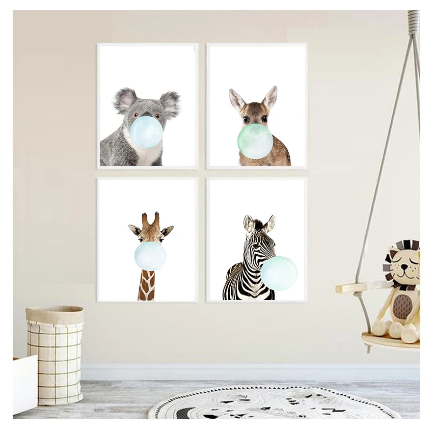 Girafa, Koala, canguro, lienzo, pintura abstracta, póster impreso, imagen, decoración del hogar, linda goma de mascar azul, Animal Zeb