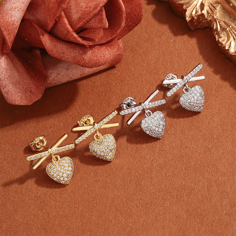 أقراط قلب ماسية فاخرة للنساء 925 ختم عالي الجودة على شكل فيونكة مجوهرات لحفلات الزفاف والذكرى السنوية #2