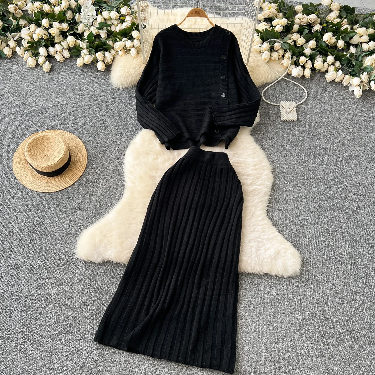 Chic Women Two-Piece Sets Vintage O-neck Asymmetrical Button Long Sleeve Knit Top High Waist Skirt Korean High Street Clothing