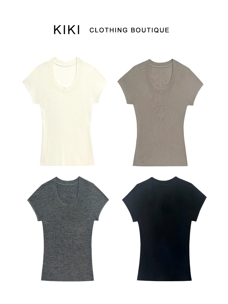 

Летний вязаный топ Kiki из шерстяной смеси с коротким рукавом, облегающий, с U-образным вырезом, с подплечниками, влагоотводящий, для повседневной носки, из чистого хлопка.