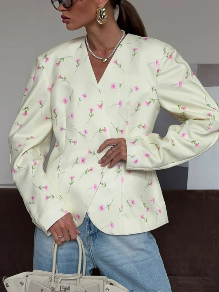 

FDYOUI Chic V-neck Floral Printed Suits for Women 2026 Elegant Long Sleeve Single Button Blazers Office Lady Outerwear Tops