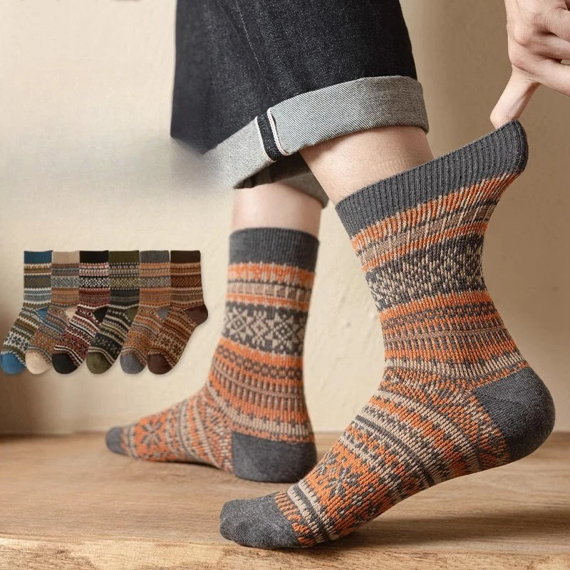 

Мужские носки в стиле ретро с геометрическим узором, средние носки-трубы, мужские японские модные этнические винтажные длинные носки, осенне-зимняя мода 2025