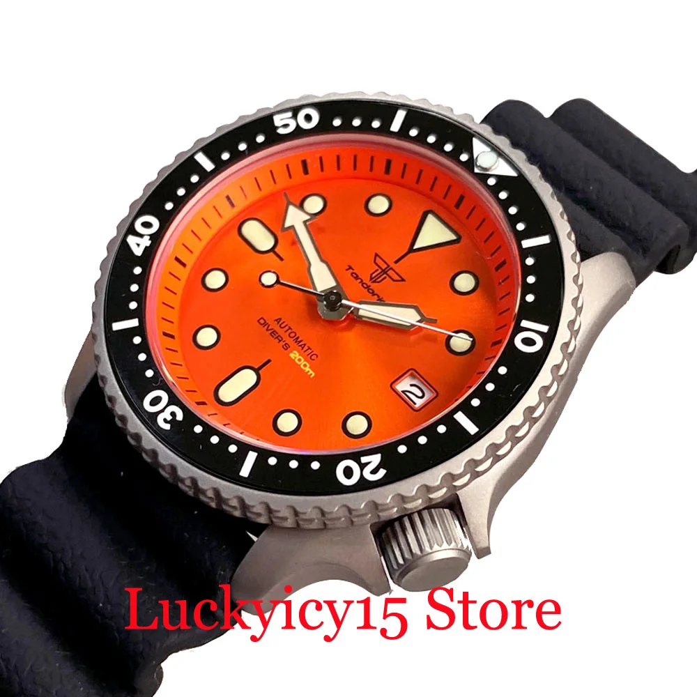 Tandorio 41MM Titanium Watch Diver 200M Waterproof NH35A Automatic Men Watch Orange Dial Luminous Sapphire Glass Rubber Strap