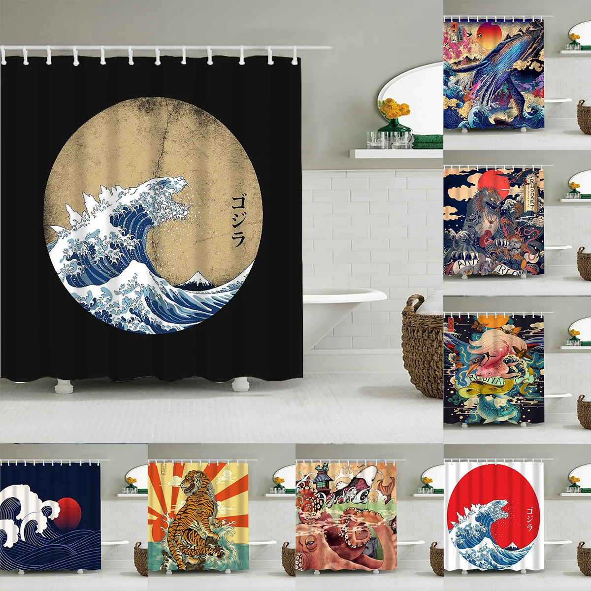 Ukiyo-e Printed Shower Curtain Home Decor   With Hook Bathroom  Waterproof