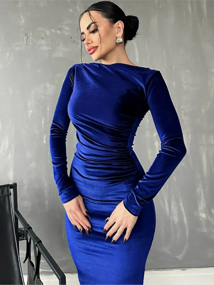 

Autumn New Arrival Dress Fashion O-neck Velvet Dresses For Women Long Sleeve Tunics High Waist Bodycon Evening Party Prom Dress