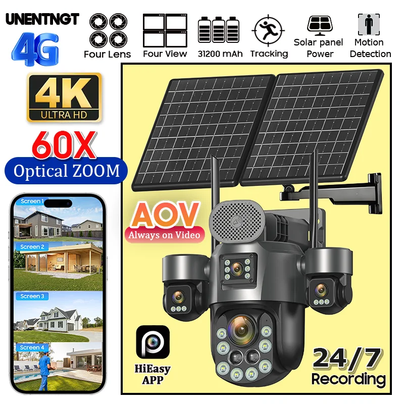 AOV 20MP 24/7 Recording Solar Camera 4G Home Outdoor 31200 MAh Surveillance 60X Optical Zoom Auto Tracking 4 Screen Security Cam