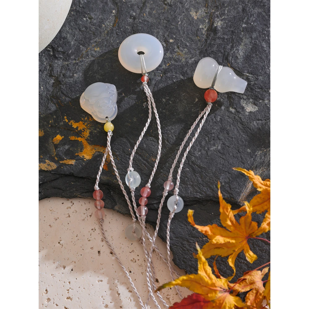Yhpup Unisex Family Jewelry China Style Lucky Riches Health Wishes Unique Natural Stone Pendant Chalcedony Necklace Men Women