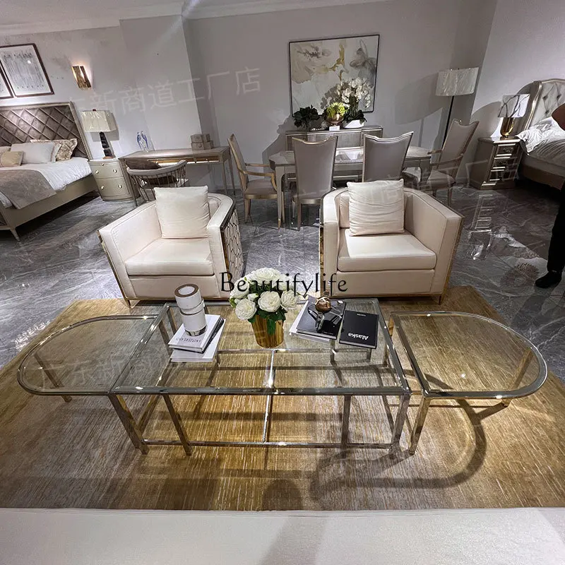 -American light luxury living room square coffee table sofa glass coffee table combination