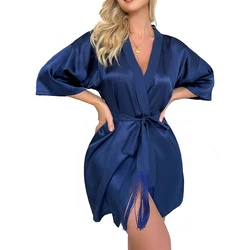 Silk Robes for Women Satin Bride Robe Half Sleeves Sexy Kimono Robe Sleepwear with Fringe Belt Silky Bathrobes Dressing Gown